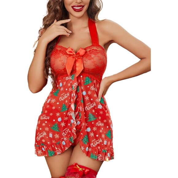 ✨Women Red Lingerie Lace Baby doll Open Front Sleepwear Halter Nighty Chemsie - Picture 1 of 7